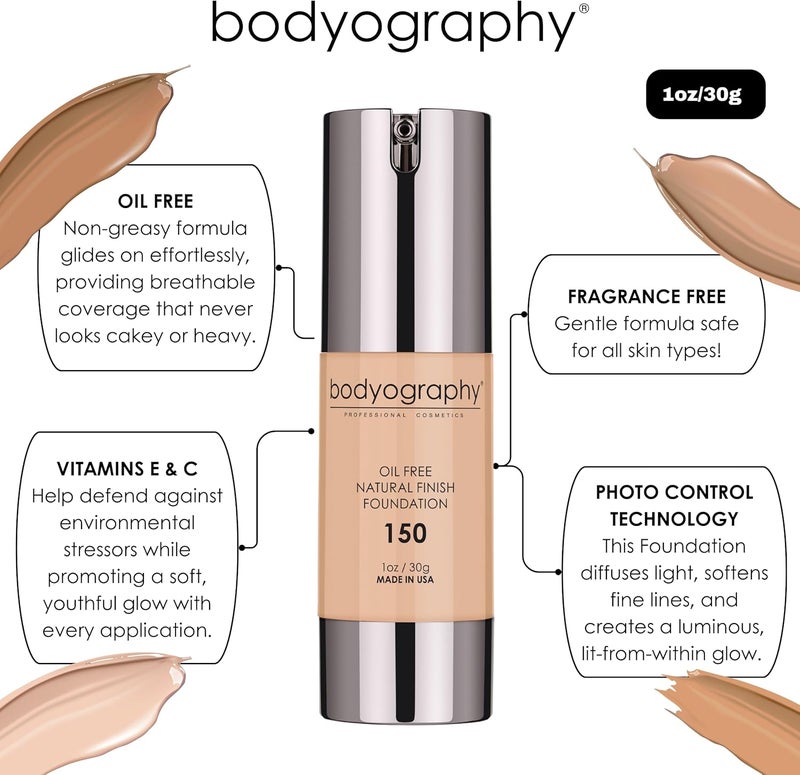 Bodyography Natural Finish Foundation - Light Medium #150, Oil-Free Anti-Aging Formula with Vitamin E & C - Image 4